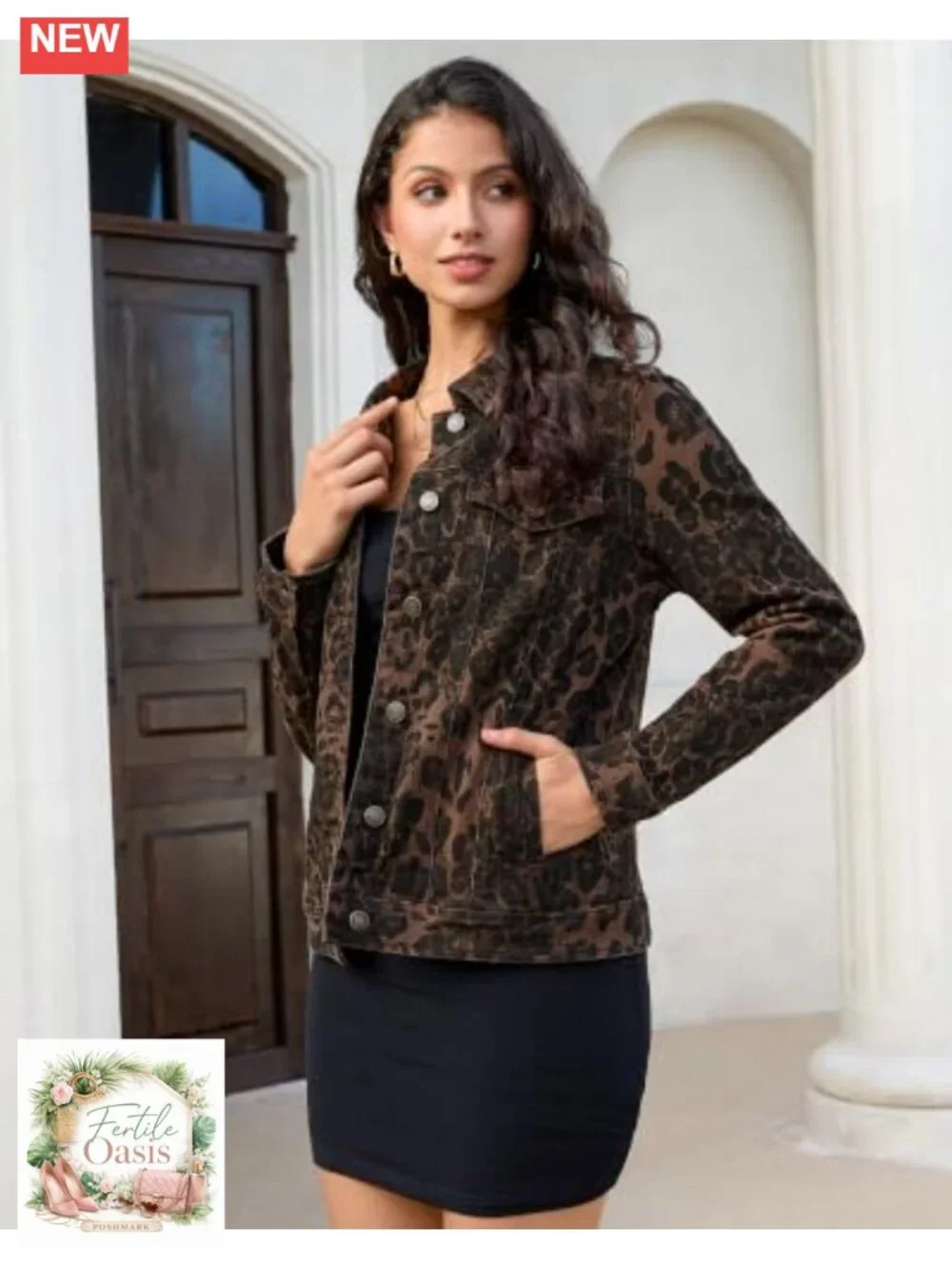 Women's Leopard Print Denim Jacket Stretch Casual Jean Jacket